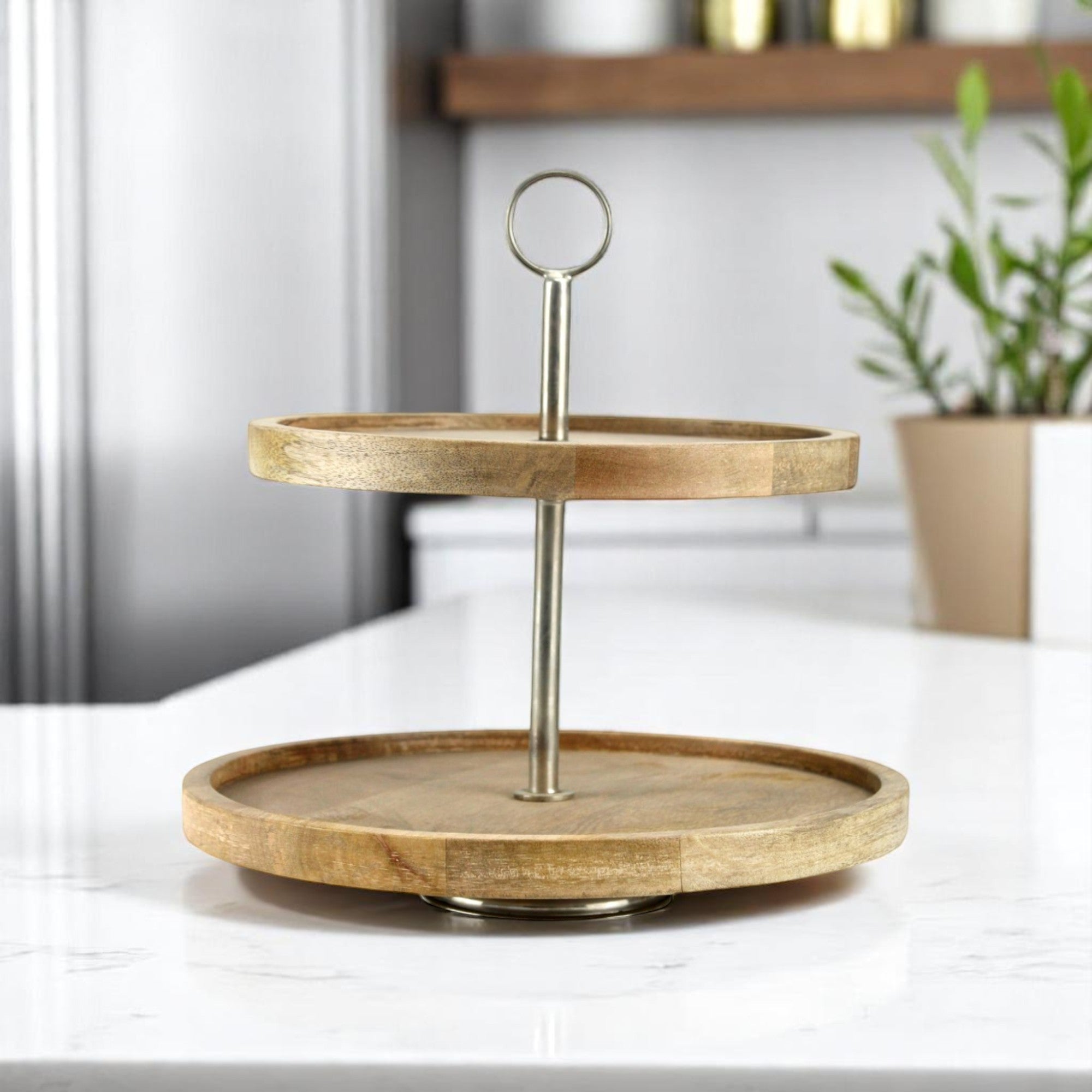 2-Tier Round Mango Wood Serving Tray with Metal Handle