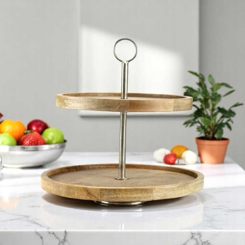 2-Tier Round Mango Wood Serving Tray with Metal Handle