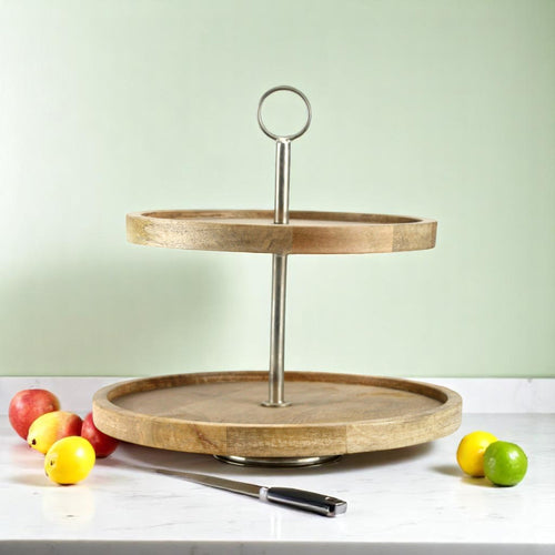 2-Tier Round Mango Wood Serving Tray with Metal Handle