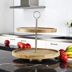 2-Tier Round Mango Wood Serving Tray with Metal Handle