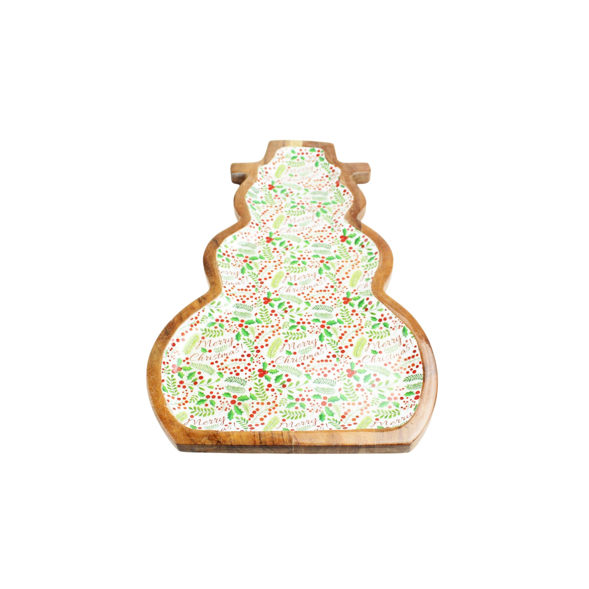Snowman-Shaped Mango Wood Christmas Serving Tray with Festive Printed Enamel Inlay