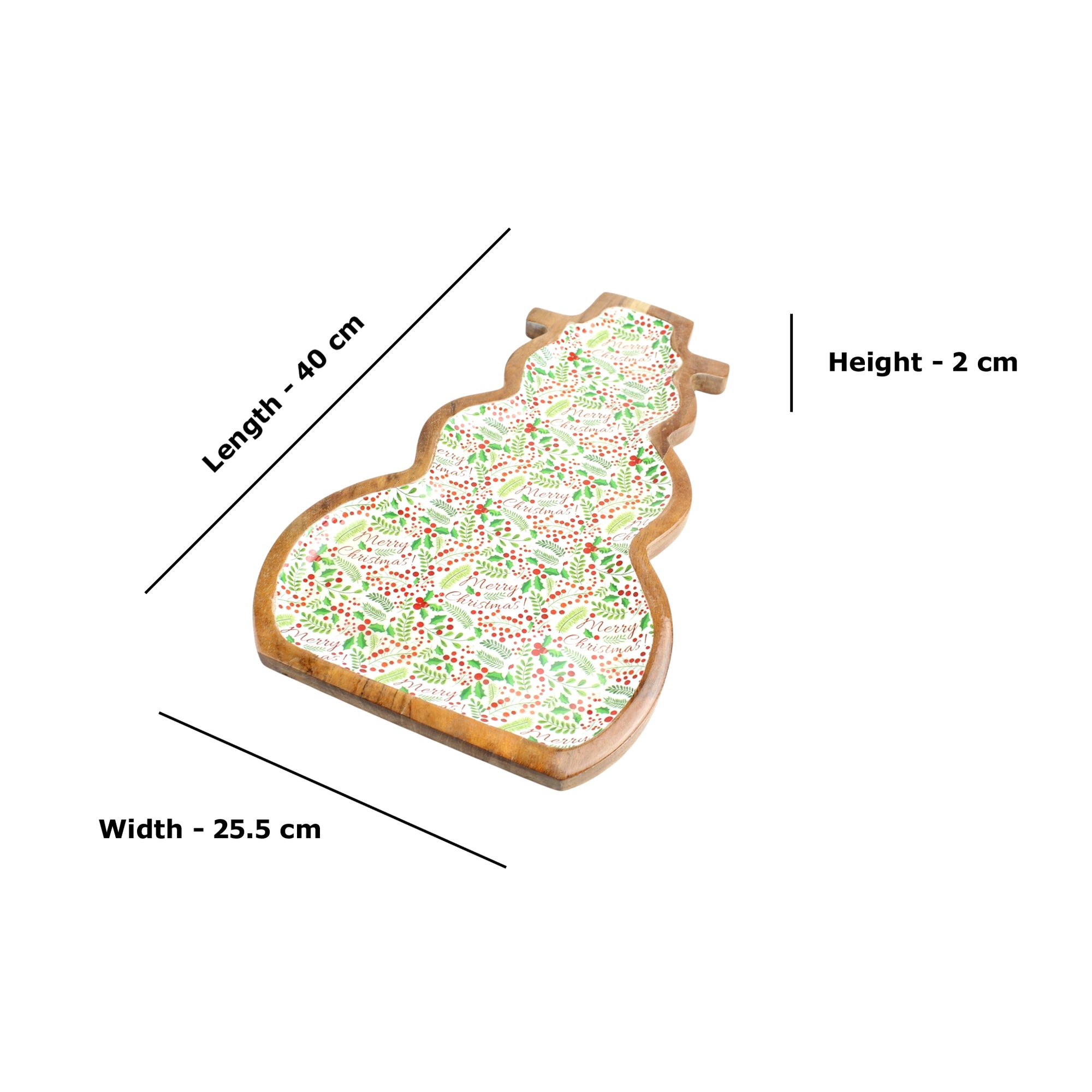 Snowman-Shaped Mango Wood Christmas Serving Tray with Festive Printed Enamel Inlay