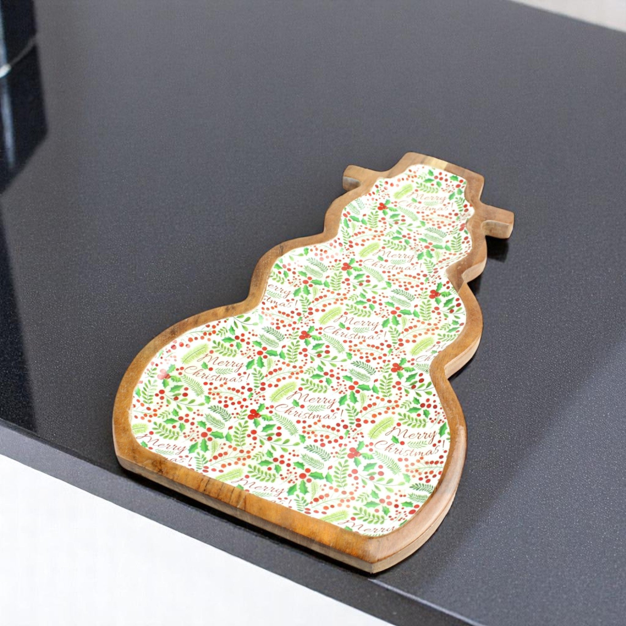 Snowman-Shaped Mango Wood Christmas Serving Tray with Festive Printed Enamel Inlay
