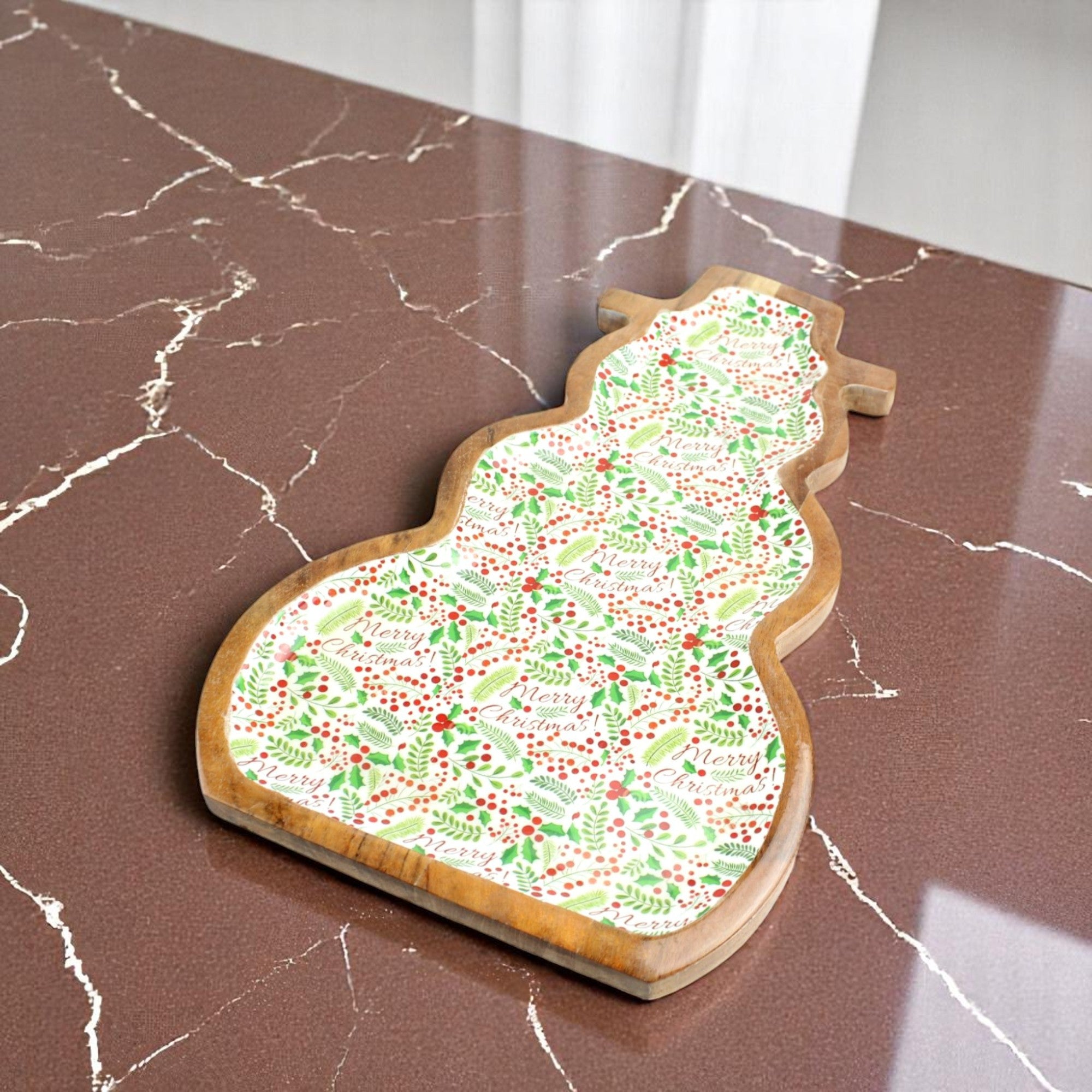 Snowman-Shaped Mango Wood Christmas Serving Tray with Festive Printed Enamel Inlay