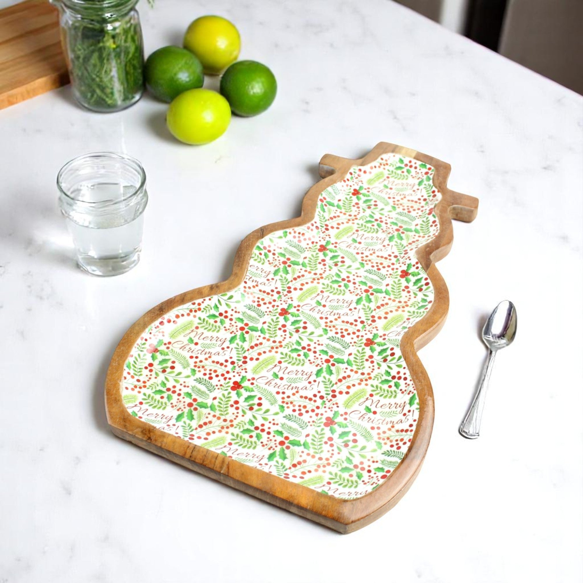 Snowman-Shaped Mango Wood Christmas Serving Tray with Festive Printed Enamel Inlay
