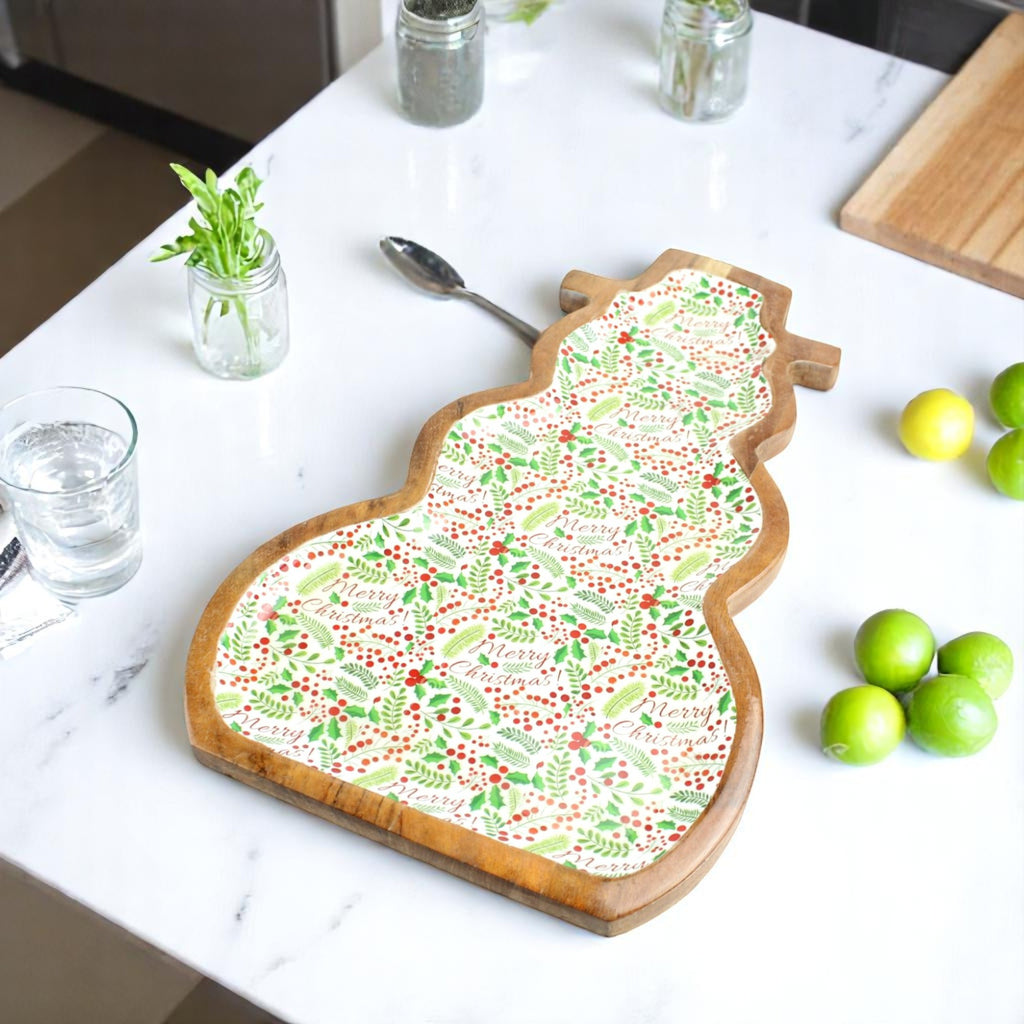Snowman-Shaped Mango Wood Christmas Serving Tray with Festive Printed Enamel Inlay