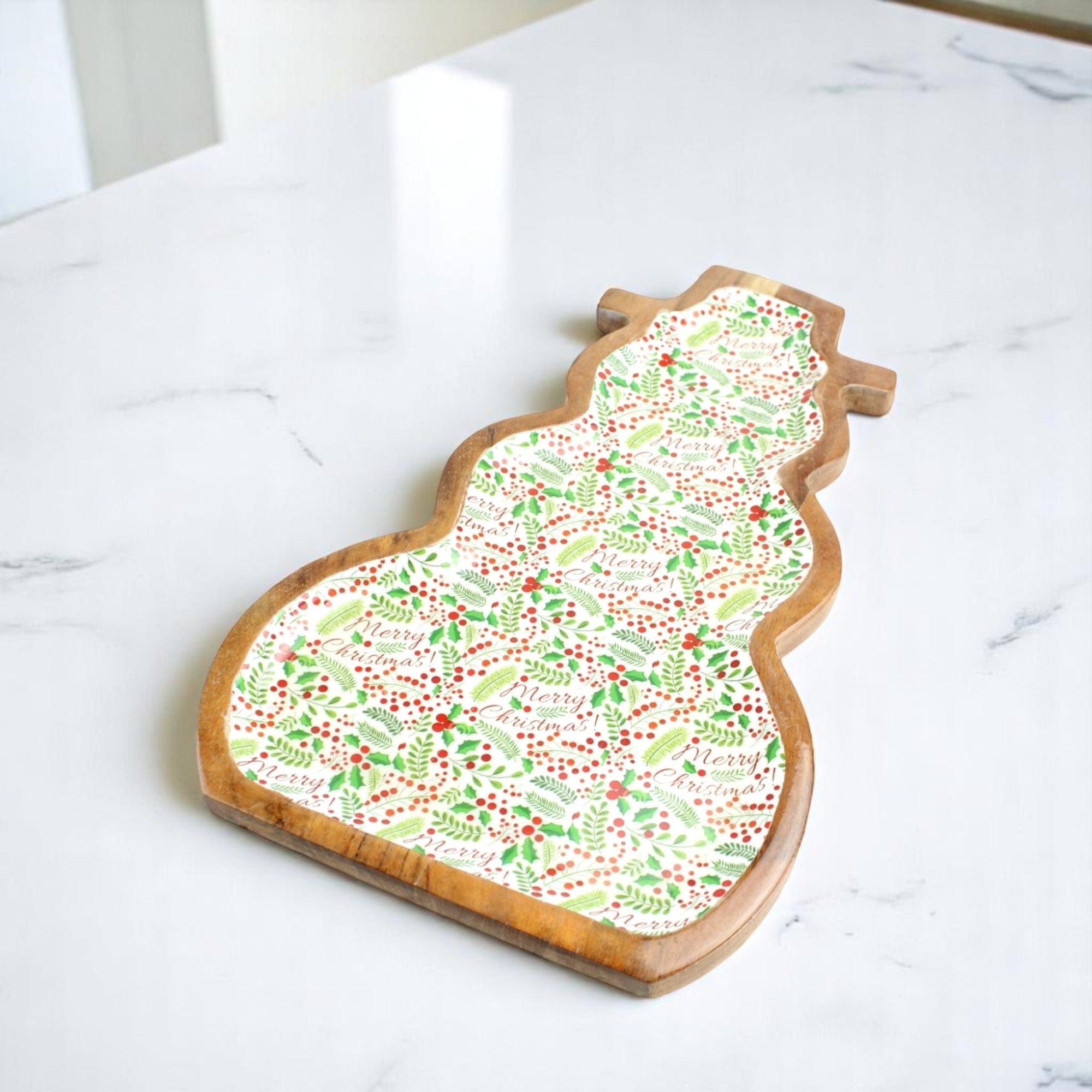Snowman-Shaped Mango Wood Christmas Serving Tray with Festive Printed Enamel Inlay