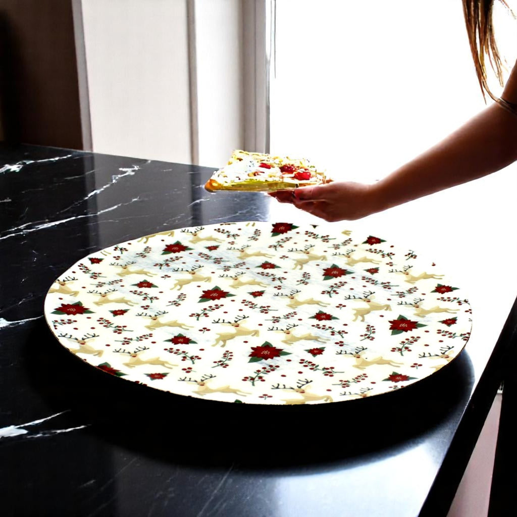 Themed Round Mango Wood Pizza/Serving Tray with Enamel Inlay