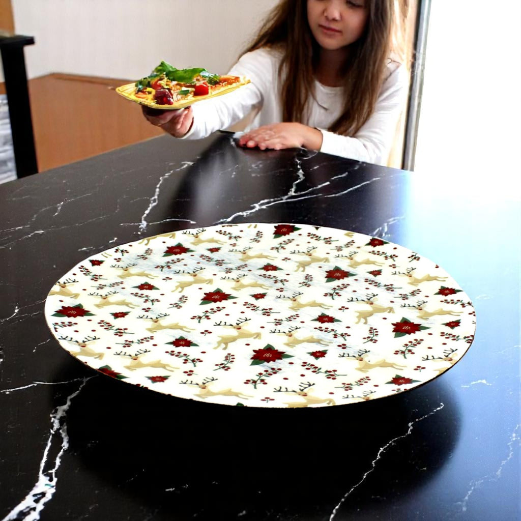 Themed Round Mango Wood Pizza/Serving Tray with Enamel Inlay