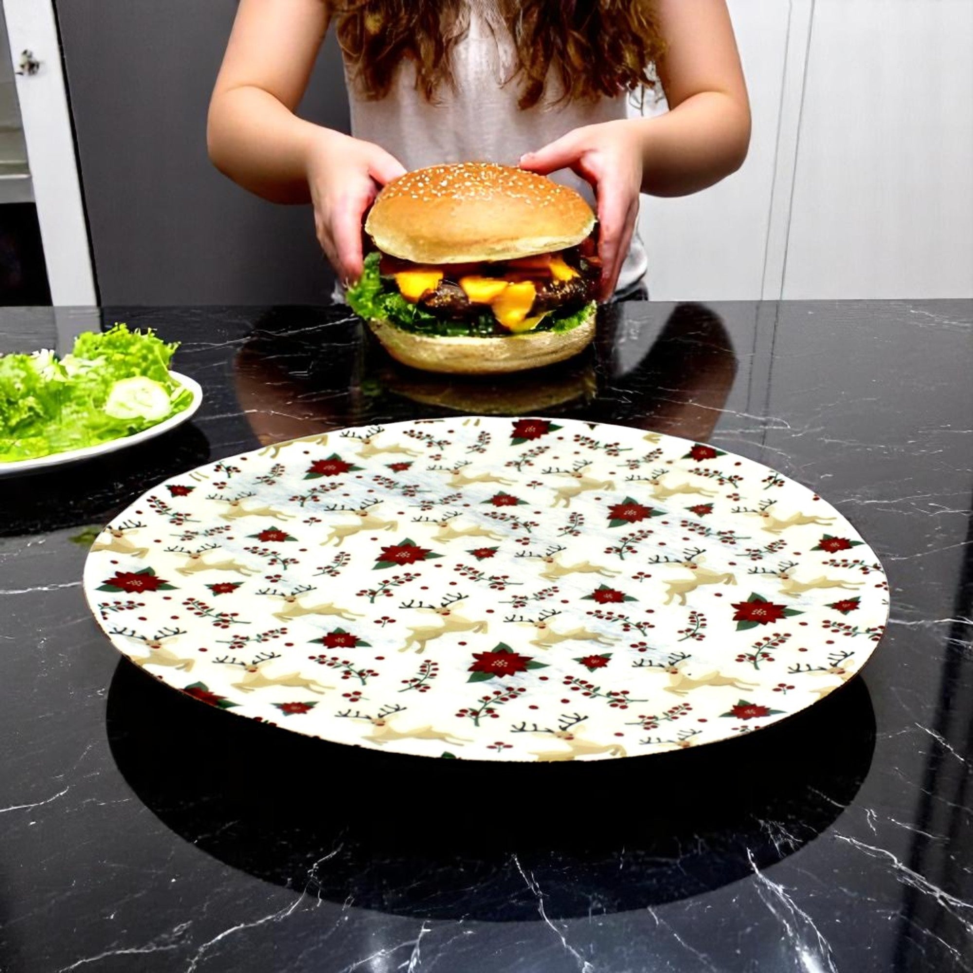 Themed Round Mango Wood Pizza/Serving Tray with Enamel Inlay