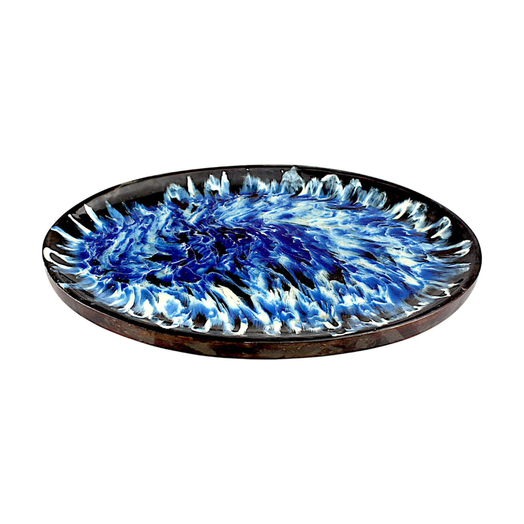 Wooden Decorative Tray with Blue Resin Art Inlay
