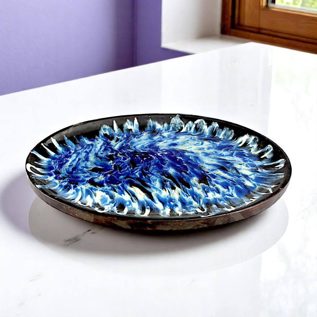 Wooden Decorative Tray with Blue Resin Art Inlay
