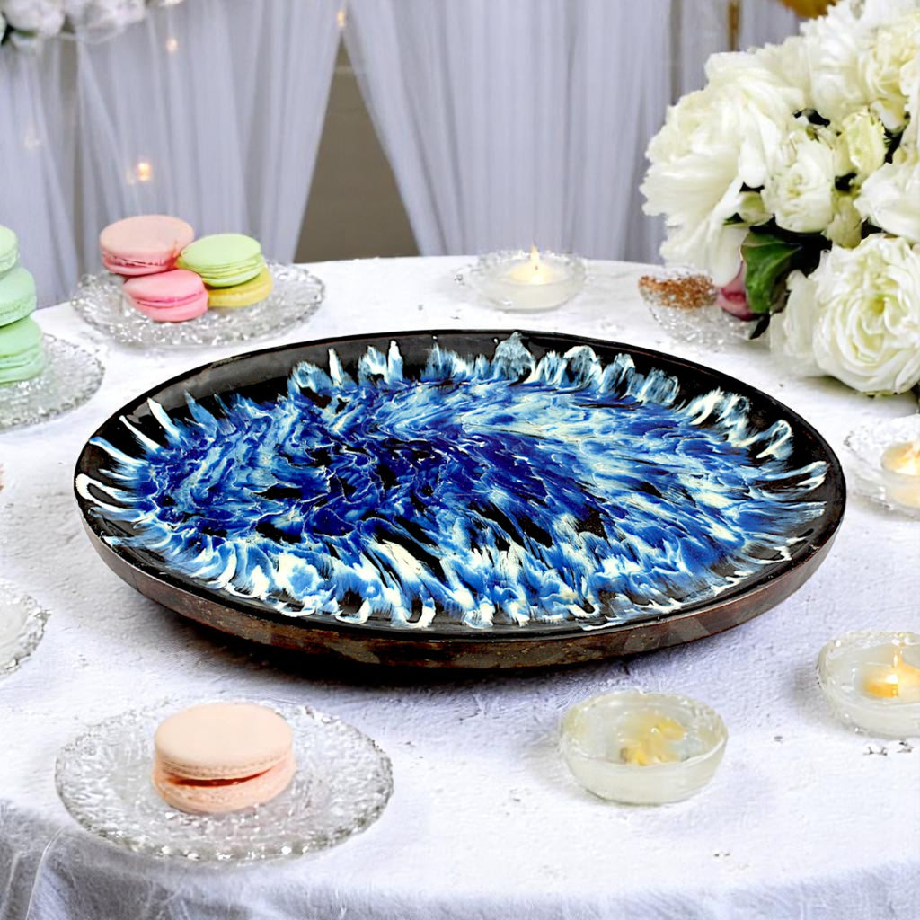 Wooden Decorative Tray with Blue Resin Art Inlay