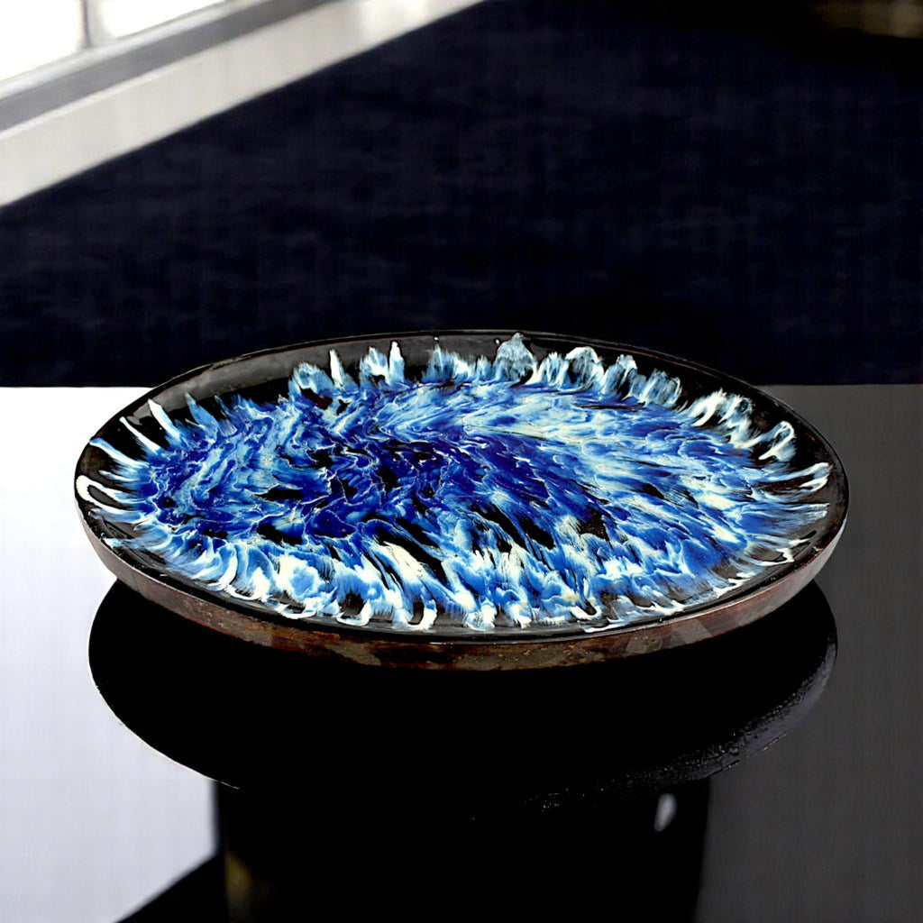 Wooden Decorative Tray with Blue Resin Art Inlay