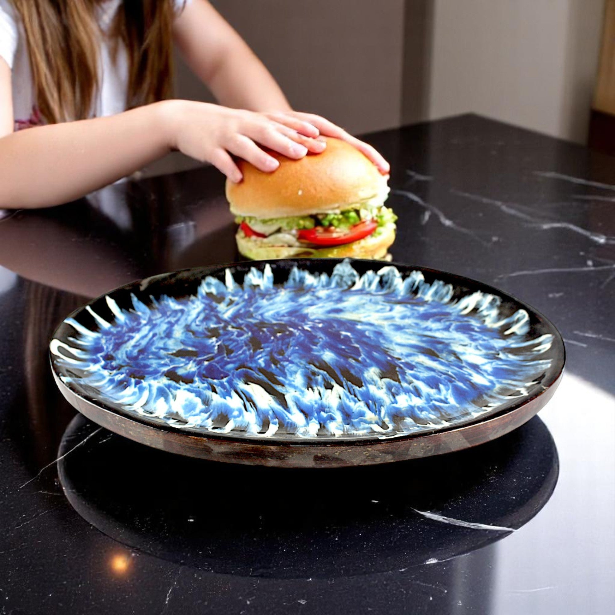 Wooden Decorative Tray with Blue Resin Art Inlay